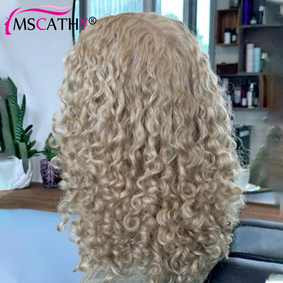 200% Ashy Blonde Colored Glueless Wigs For Women Kinky Curly Brazilian Virgin Human  Hair Wigs Pre-cut Lace Closure Wig Prepluck