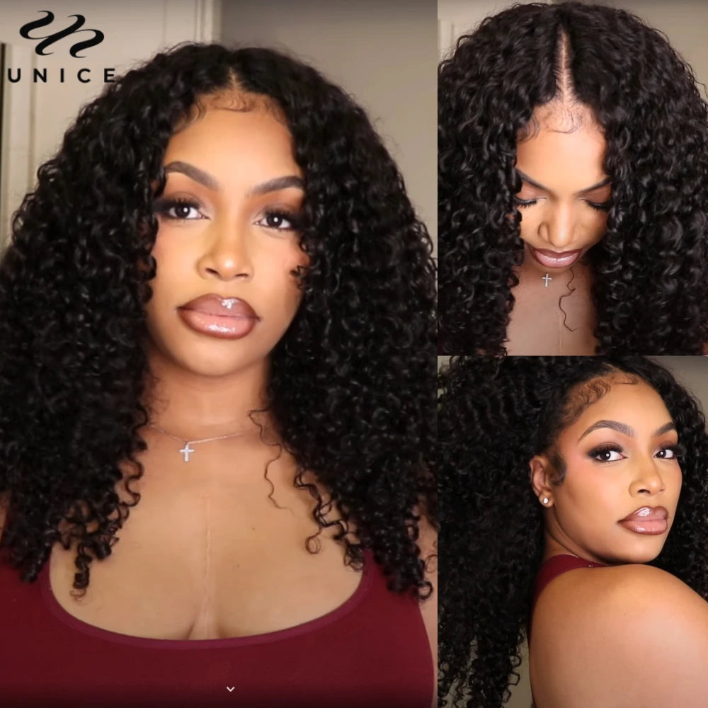 UNice Burmese Curly V Part Wig With Drawstring Clip-In Human Hair Wigs 180% Density No Glue Minimal Leave-out