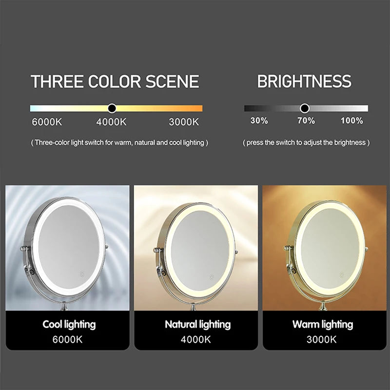 8 inch Makeup Mirror Chrome 3x/5x/7x/10x Magnifying Double Side USB Charging Bathroom 3 color light Smart Cosmetic Mirrors