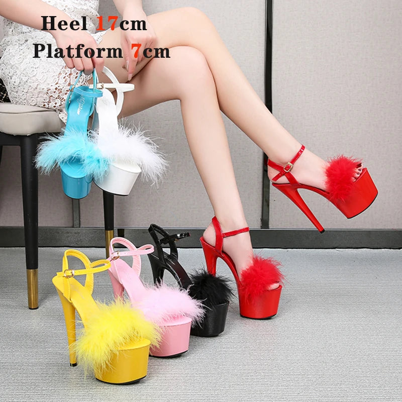 New Fur Sandals Stripers Heels Women Shoes 13 15 17 20 CM High Heels Platform Sexy Ladies Sandals Girls Shoes for Party Club