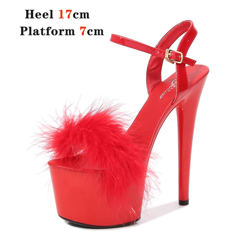 New Fur Sandals Stripers Heels Women Shoes 13 15 17 20 CM High Heels Platform Sexy Ladies Sandals Girls Shoes for Party Club