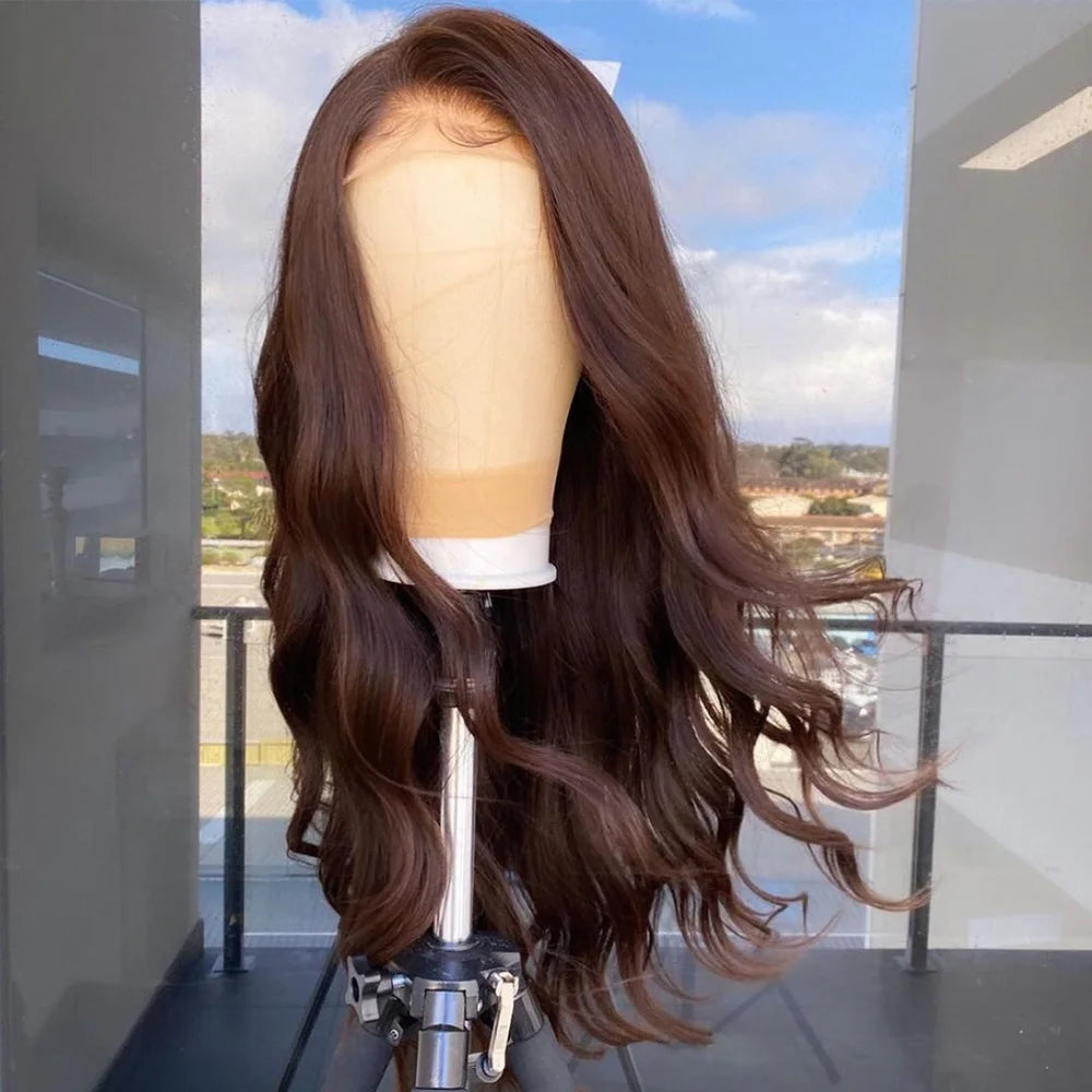 Dark Chocolate Brown Full Lace Human Hair Wig Remy Wave Side Part Preplucked Indian 360 13x6 Transparent Lace Front Wig Headband