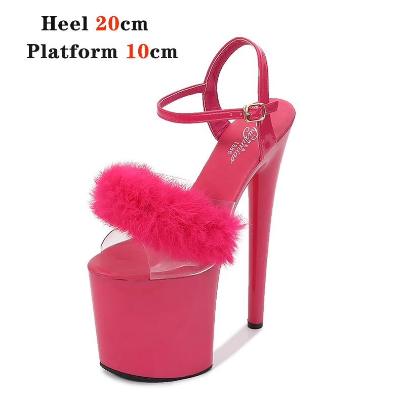 New Fur Sandals Stripers Heels Women Shoes 13 15 17 20 CM High Heels Platform Sexy Ladies Sandals Girls Shoes for Party Club
