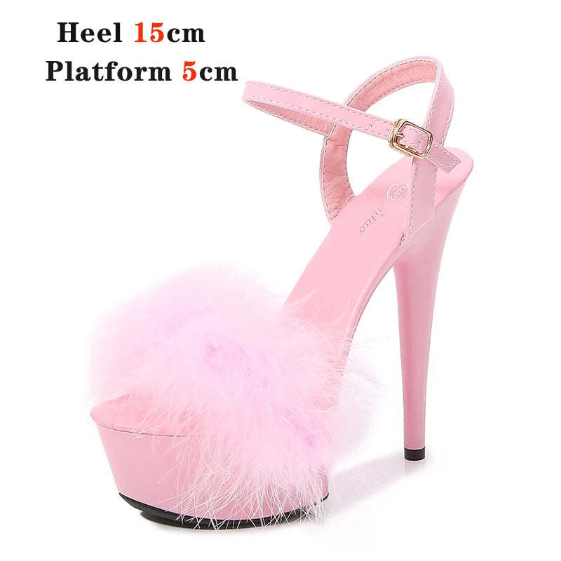 New Fur Sandals Stripers Heels Women Shoes 13 15 17 20 CM High Heels Platform Sexy Ladies Sandals Girls Shoes for Party Club