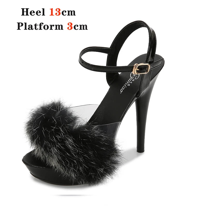 New Fur Sandals Stripers Heels Women Shoes 13 15 17 20 CM High Heels Platform Sexy Ladies Sandals Girls Shoes for Party Club