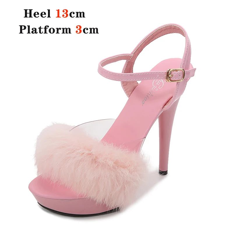 New Fur Sandals Stripers Heels Women Shoes 13 15 17 20 CM High Heels Platform Sexy Ladies Sandals Girls Shoes for Party Club