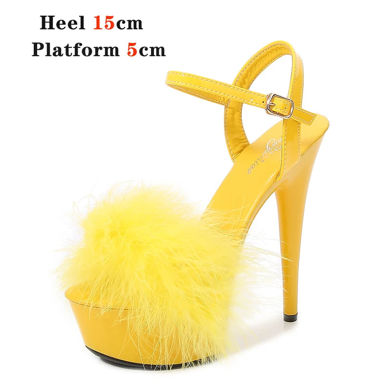 New Fur Sandals Stripers Heels Women Shoes 13 15 17 20 CM High Heels Platform Sexy Ladies Sandals Girls Shoes for Party Club