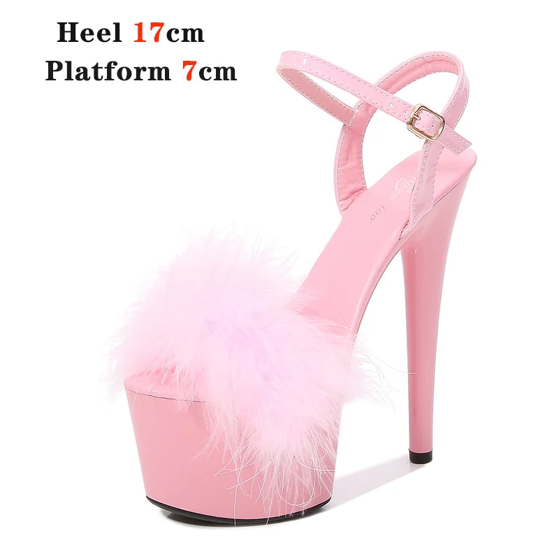 New Fur Sandals Stripers Heels Women Shoes 13 15 17 20 CM High Heels Platform Sexy Ladies Sandals Girls Shoes for Party Club