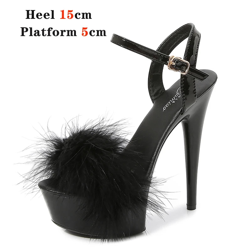 New Fur Sandals Stripers Heels Women Shoes 13 15 17 20 CM High Heels Platform Sexy Ladies Sandals Girls Shoes for Party Club