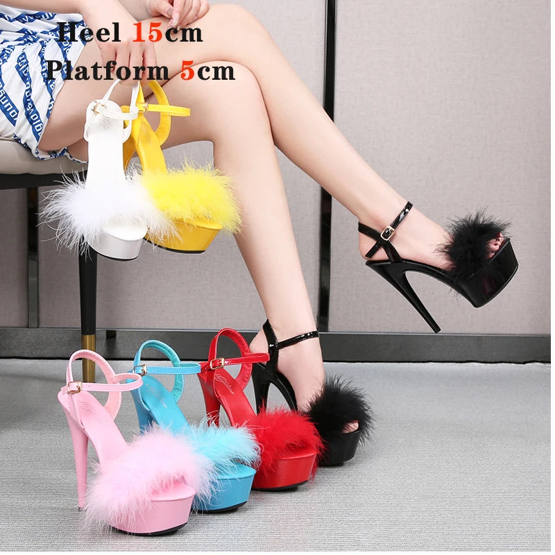 New Fur Sandals Stripers Heels Women Shoes 13 15 17 20 CM High Heels Platform Sexy Ladies Sandals Girls Shoes for Party Club