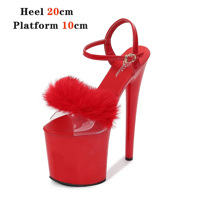 New Fur Sandals Stripers Heels Women Shoes 13 15 17 20 CM High Heels Platform Sexy Ladies Sandals Girls Shoes for Party Club