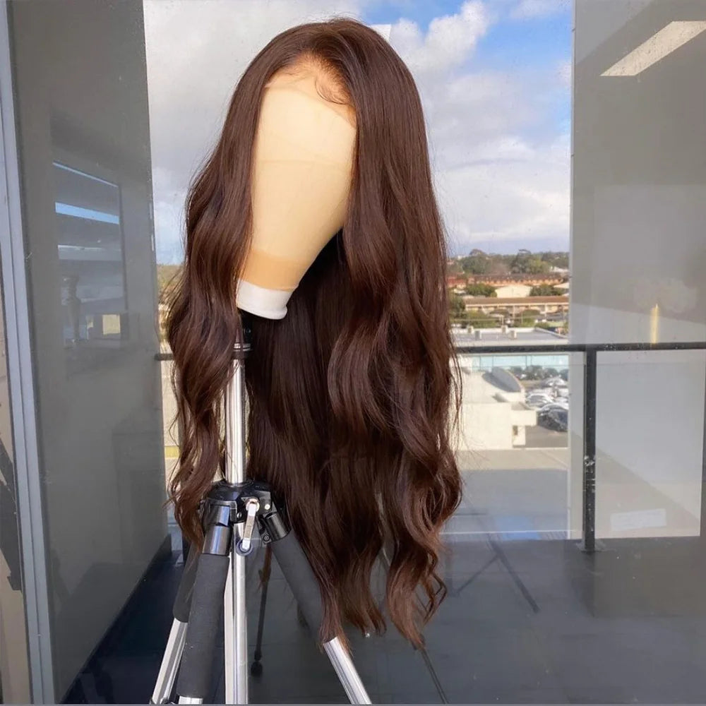 Dark Chocolate Brown Full Lace Human Hair Wig Remy Wave Side Part Preplucked Indian 360 13x6 Transparent Lace Front Wig Headband