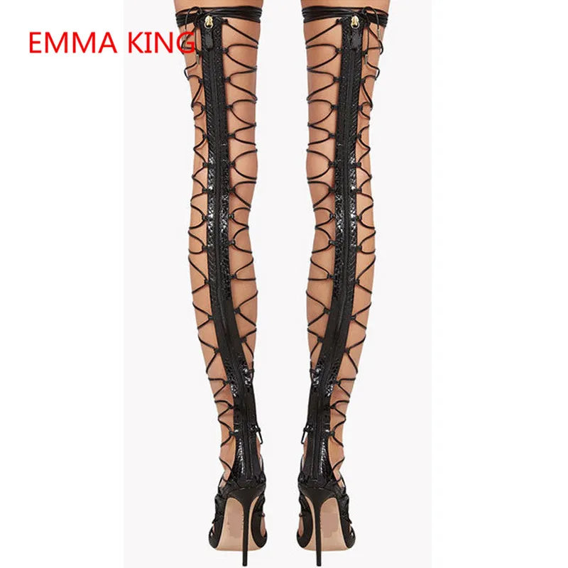 Emma King Summer Women Cross-Ties Thigh High Boots Open Toe Cut Out Sexy Women High Heels Shoes Runway Ladies Gladiator Sandals