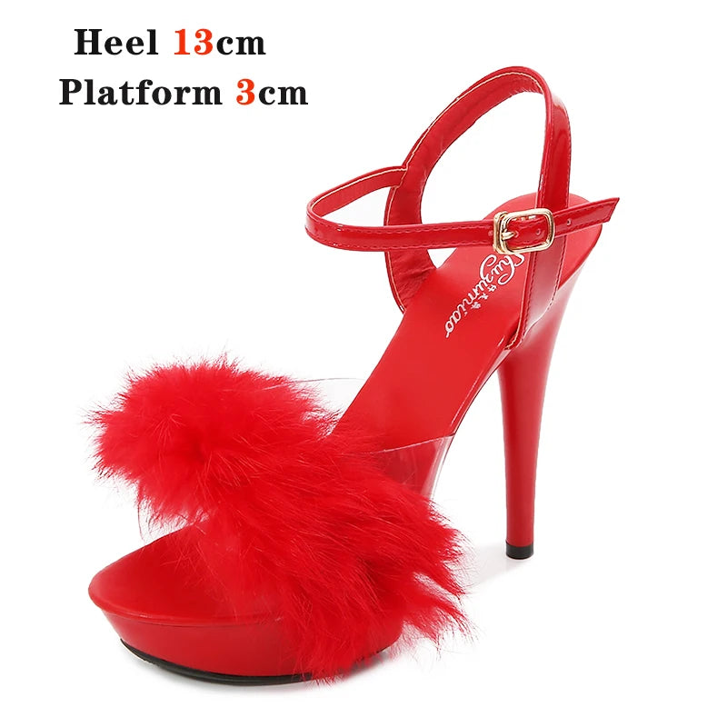 New Fur Sandals Stripers Heels Women Shoes 13 15 17 20 CM High Heels Platform Sexy Ladies Sandals Girls Shoes for Party Club