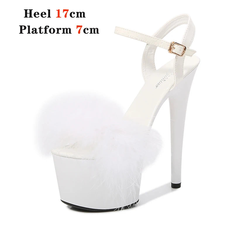 New Fur Sandals Stripers Heels Women Shoes 13 15 17 20 CM High Heels Platform Sexy Ladies Sandals Girls Shoes for Party Club