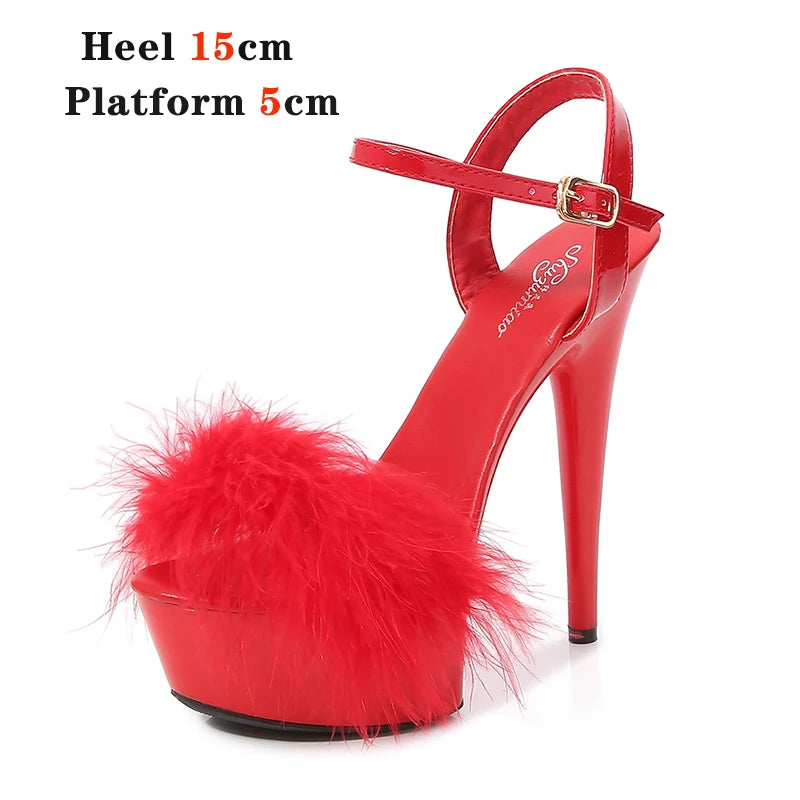 New Fur Sandals Stripers Heels Women Shoes 13 15 17 20 CM High Heels Platform Sexy Ladies Sandals Girls Shoes for Party Club