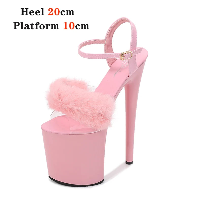 New Fur Sandals Stripers Heels Women Shoes 13 15 17 20 CM High Heels Platform Sexy Ladies Sandals Girls Shoes for Party Club