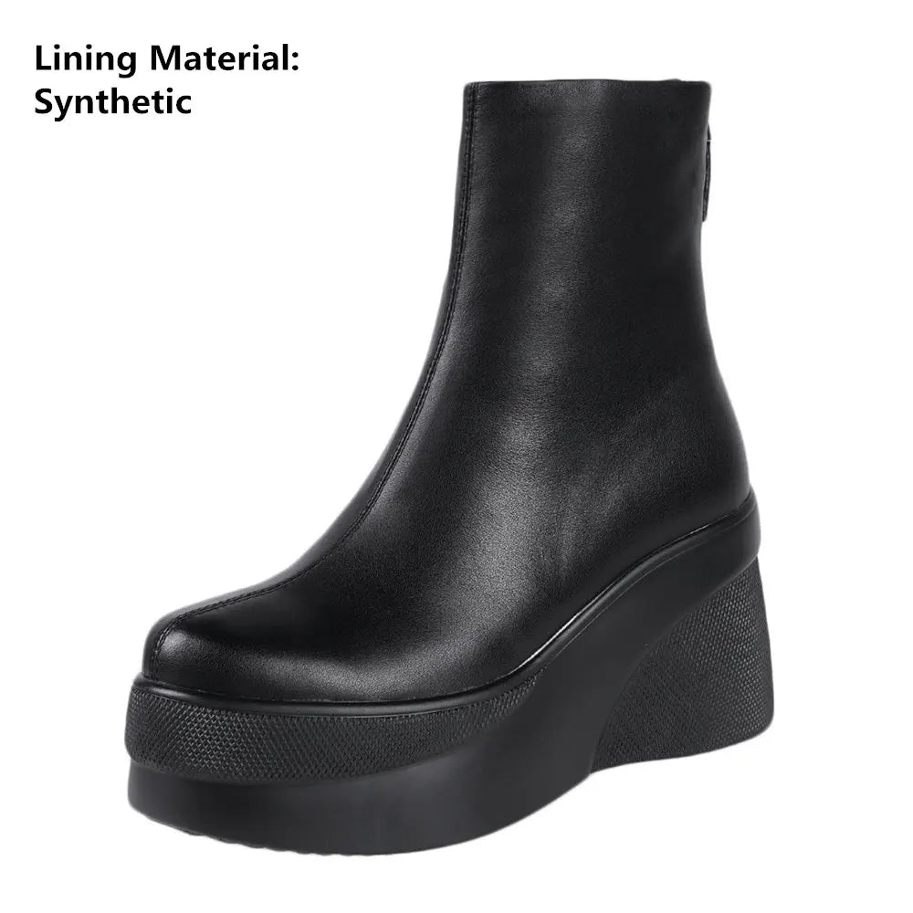 MILI-MIYA New Fashion Women Brand Wedges Ankle Boots Genuine Leather Black 2020 Ladies Round Toe High Heels Platform Shoes