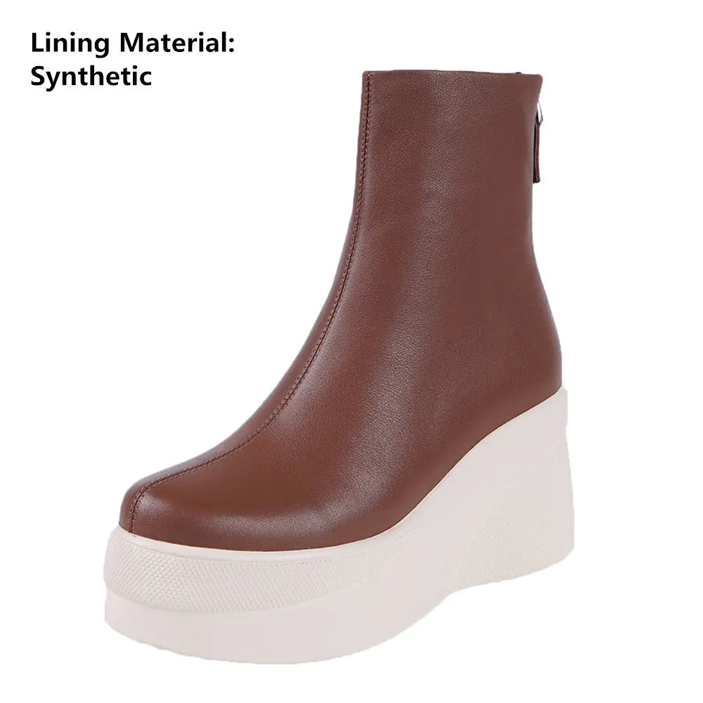 MILI-MIYA New Fashion Women Brand Wedges Ankle Boots Genuine Leather Black 2020 Ladies Round Toe High Heels Platform Shoes