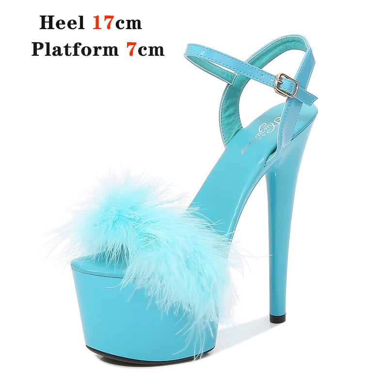 New Fur Sandals Stripers Heels Women Shoes 13 15 17 20 CM High Heels Platform Sexy Ladies Sandals Girls Shoes for Party Club