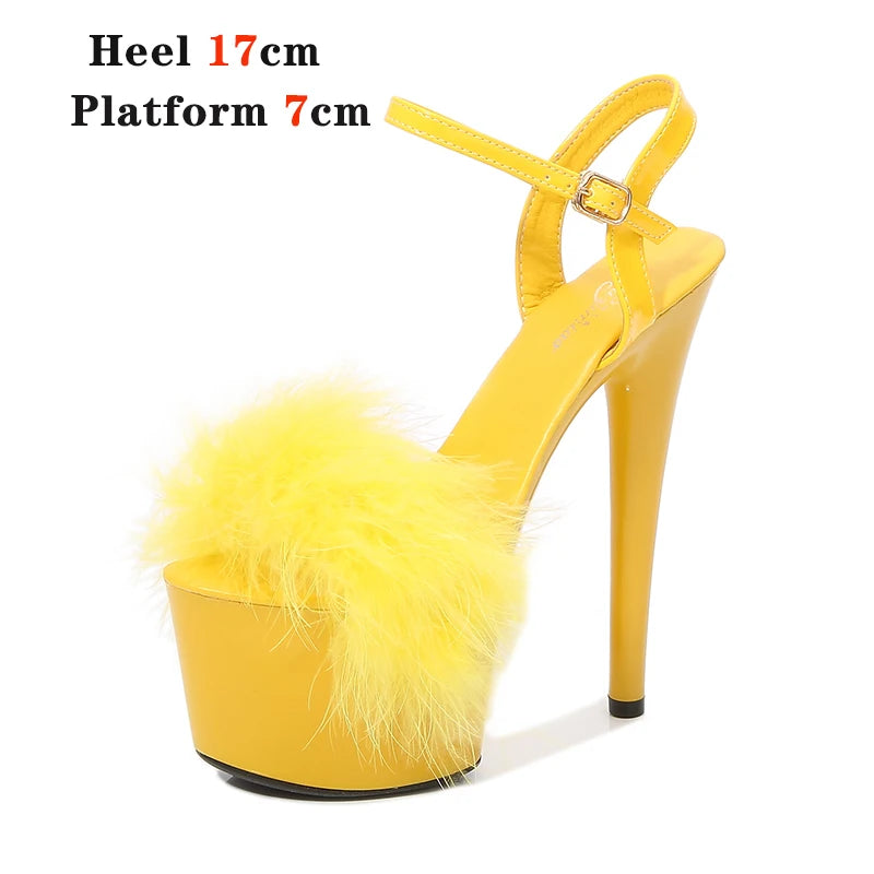 New Fur Sandals Stripers Heels Women Shoes 13 15 17 20 CM High Heels Platform Sexy Ladies Sandals Girls Shoes for Party Club