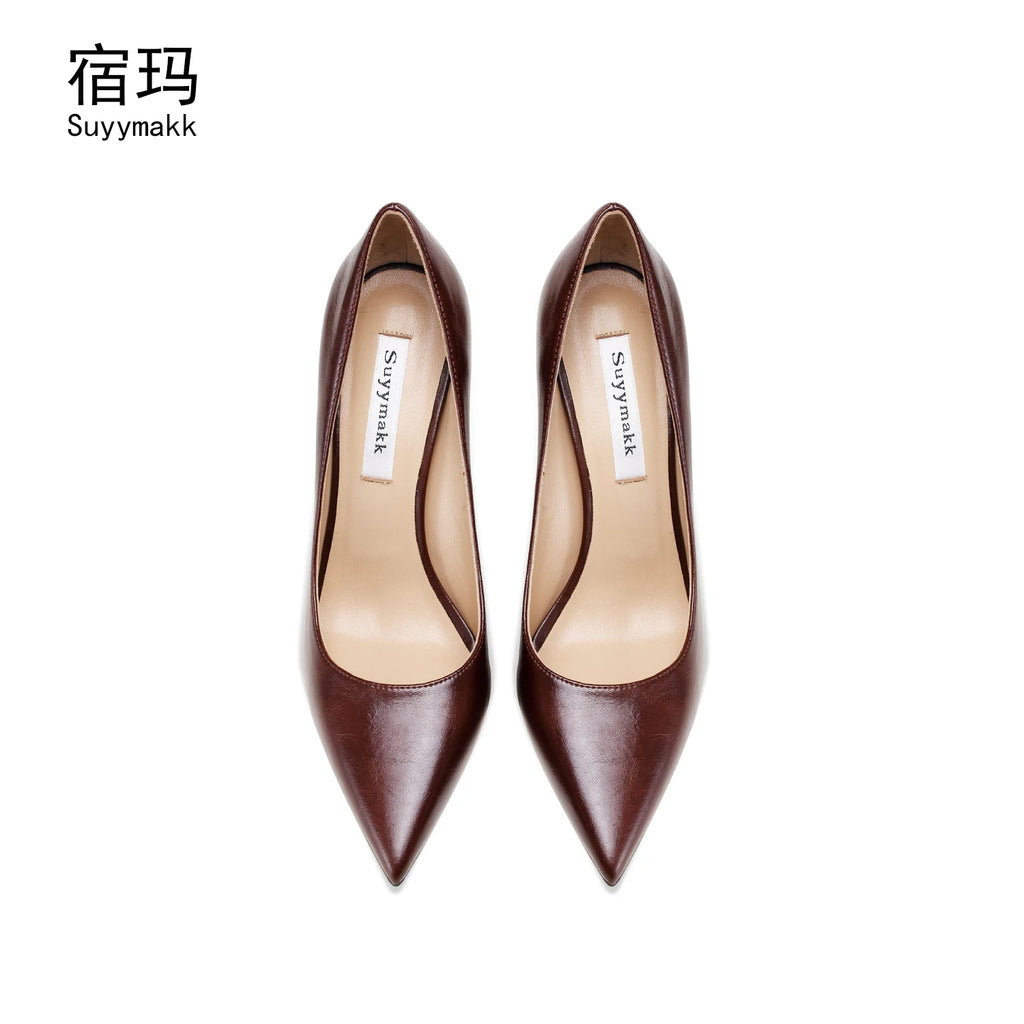 Heels For Women 2025 New Real Leather Pointy Toe High Heels Ladies Shoes With Low Heel Sexy Classic Luxury Pumps Office Shoes