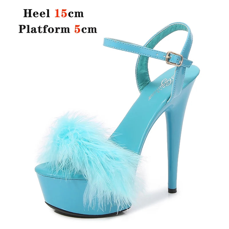 New Fur Sandals Stripers Heels Women Shoes 13 15 17 20 CM High Heels Platform Sexy Ladies Sandals Girls Shoes for Party Club