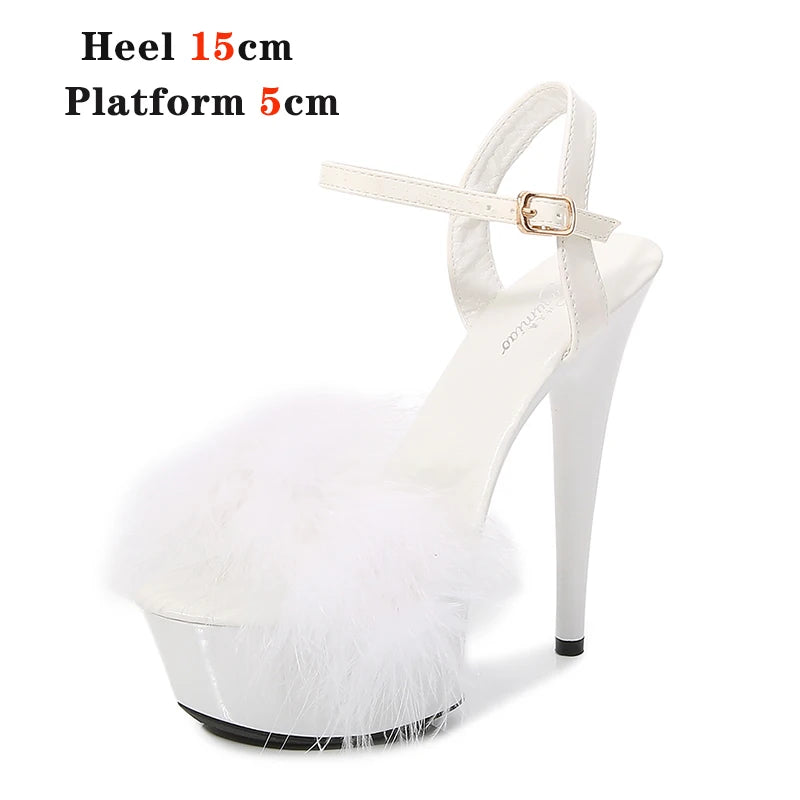 New Fur Sandals Stripers Heels Women Shoes 13 15 17 20 CM High Heels Platform Sexy Ladies Sandals Girls Shoes for Party Club