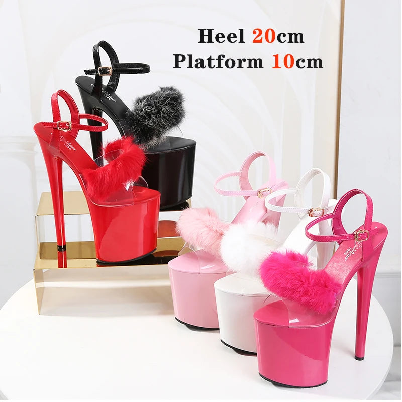 New Fur Sandals Stripers Heels Women Shoes 13 15 17 20 CM High Heels Platform Sexy Ladies Sandals Girls Shoes for Party Club