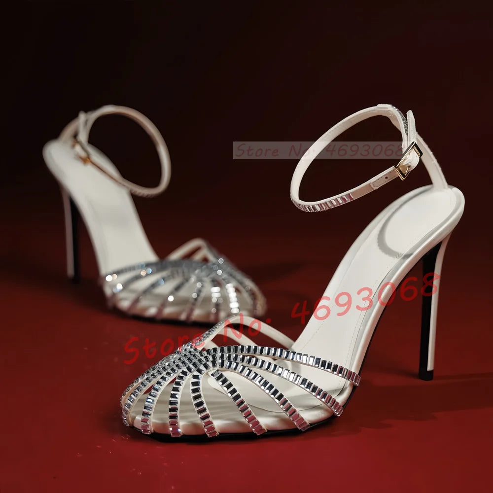Chocolate Crystal Cross Sandals Women Cross Strap Summer Vacation Shoes Stiletto Heels Sexy Banquet Casual High Heels Sandals