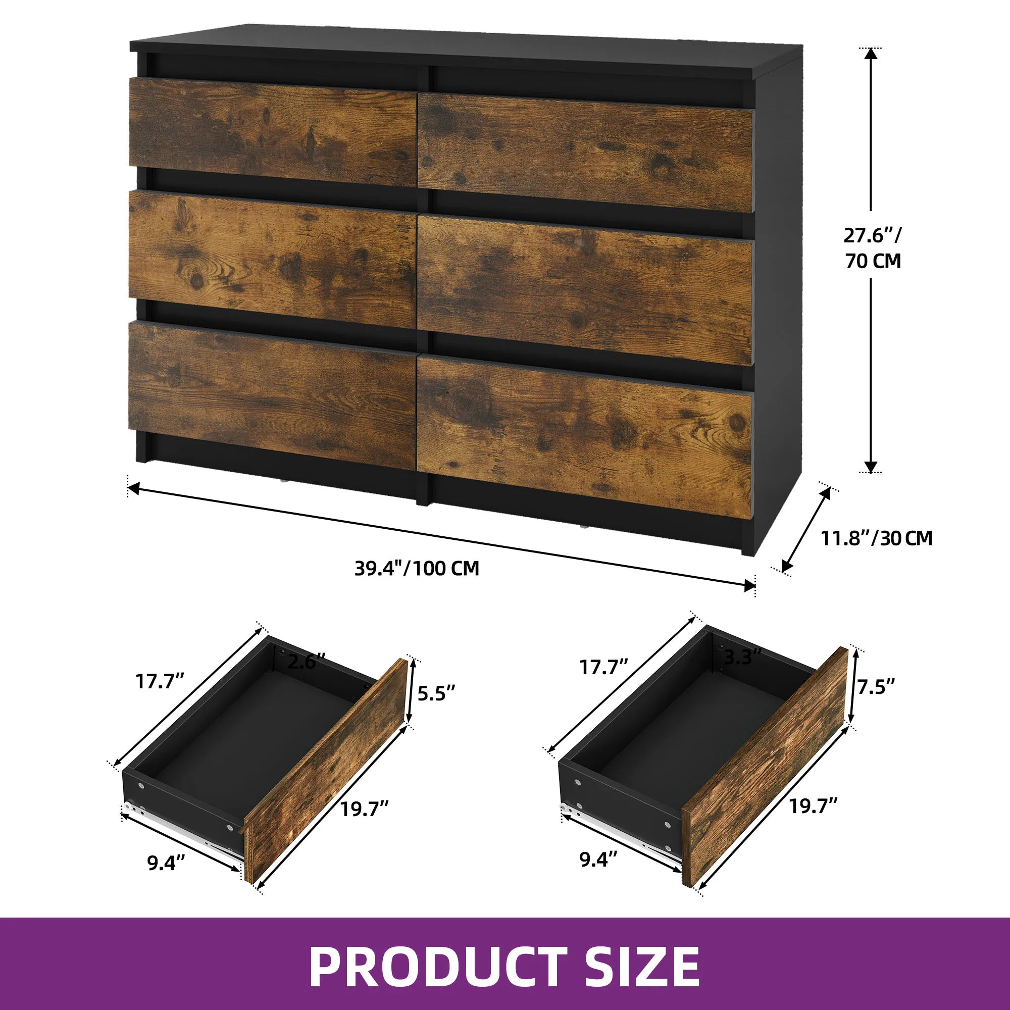 YITAHOME 6-Drawer Chest - Modern 100x30x70cm Bedroom Storage Unit, Durable MDF & Particleboard for Clothes & Essentials
