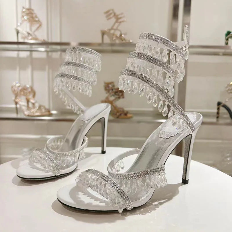 Sexy High Heels Gladiator Sandals Women Crystal String Bead Snake Twine Around Ankle Strap Wedding Shoes Summer Sandals Woman