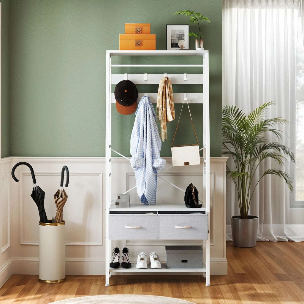 YITAHOME White Industrial Coat Rack - Hall Tree with Bench, 8 Hooks and 2 Foldable Drawers for Entryway Living Room