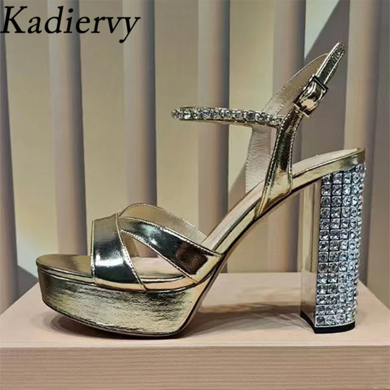 Summer Super High Heels Sandals Woman Rhinestone Studded Chunky Heels Party Shoes Woman Crystal Platform Sandals For Women