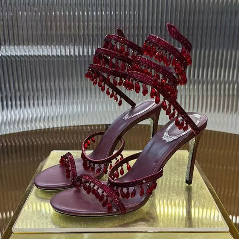 Sexy High Heels Gladiator Sandals Women Crystal String Bead Snake Twine Around Ankle Strap Wedding Shoes Summer Sandals Woman