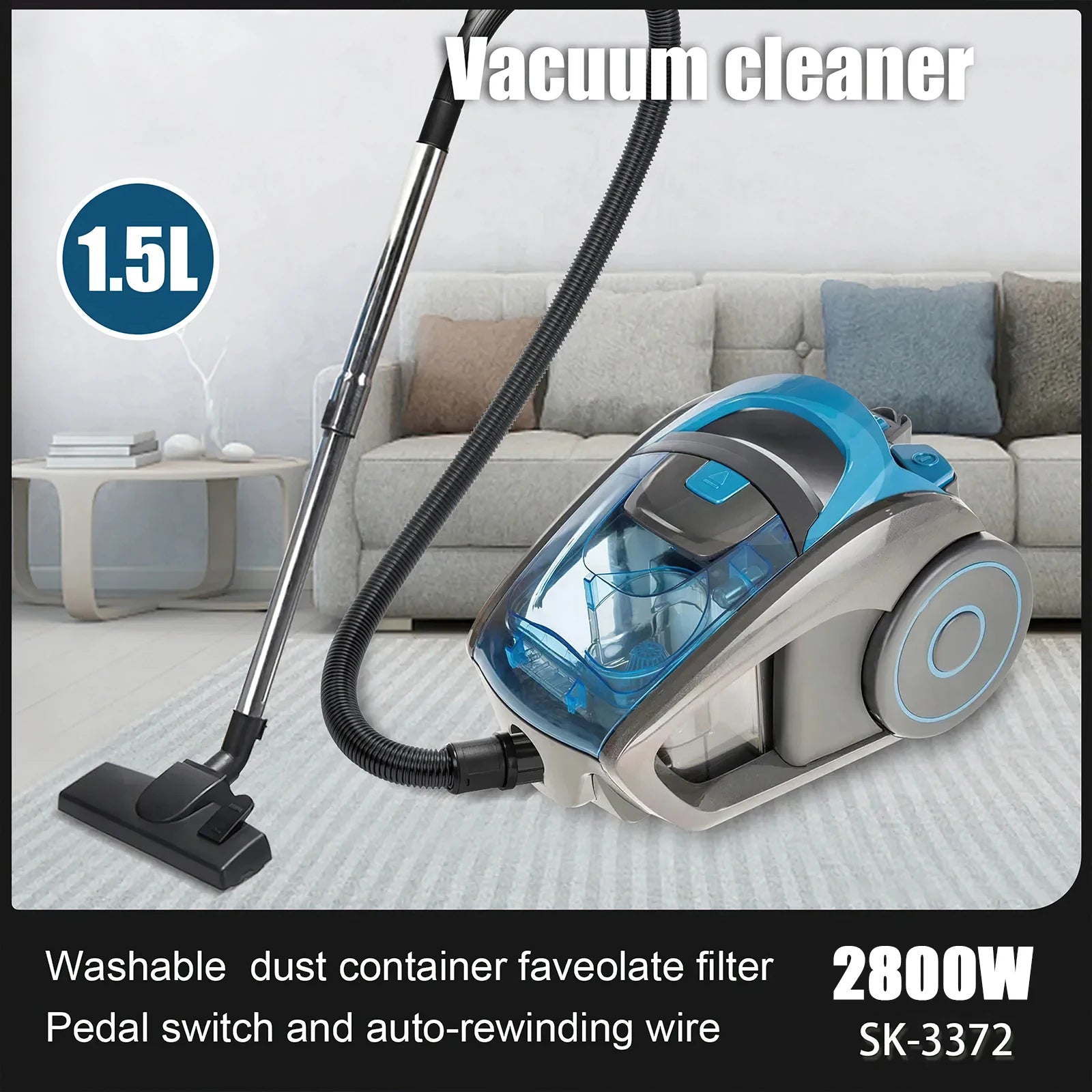 2800W 15000PA Bagless Canister Vacuum Cleaner,  Multi-Cyclonic Filtration, Corded for Hard Floors/Carpets/Pet Hair