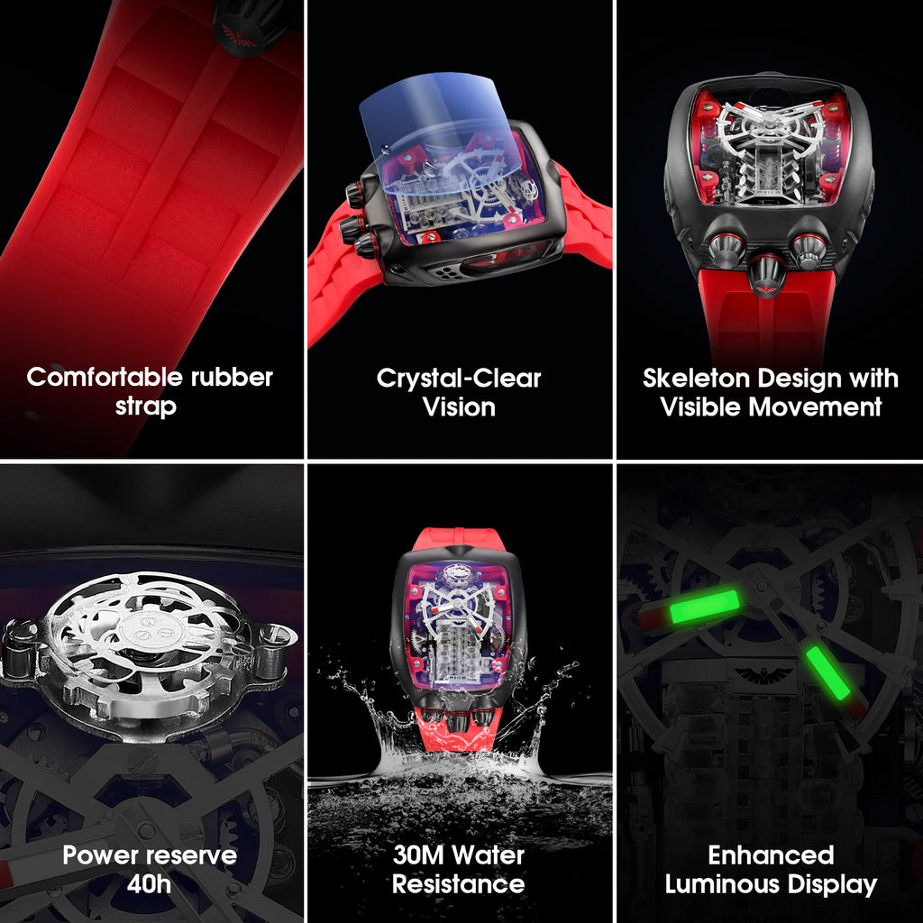 FEICE Men's Automatic Skeleton Watch Tourbillon Fashionable Mechanical Watch For Men Silicone Strap Luminous Christmas Gifts