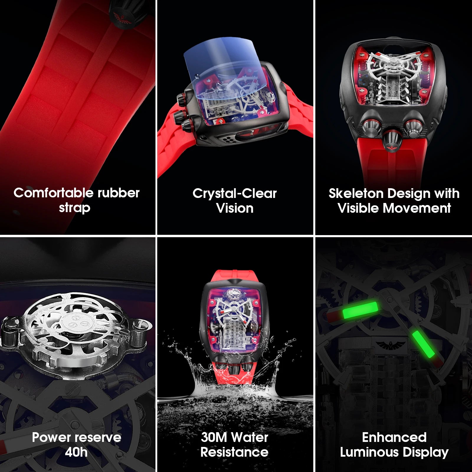 FEICE Men's Automatic Skeleton Watch Tourbillon Fashionable Mechanical Watch For Men Silicone Strap Luminous Christmas Gifts