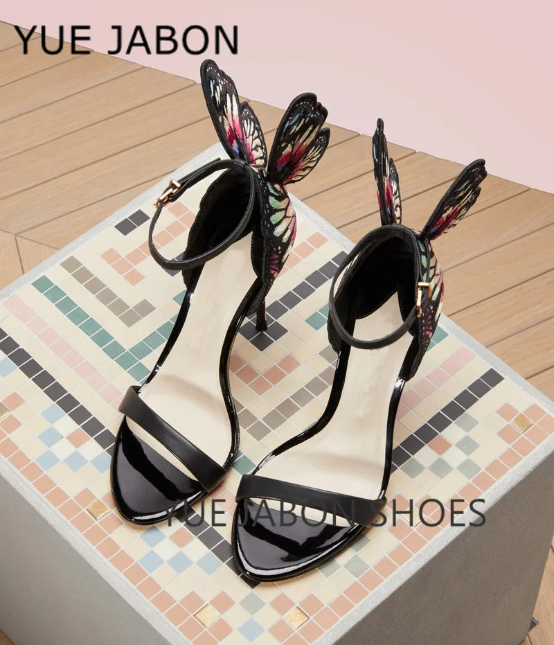 Black butterfly sandals leather metallic embroidered angel wings dress woman high heels open toe buckle strap lady thin pumps