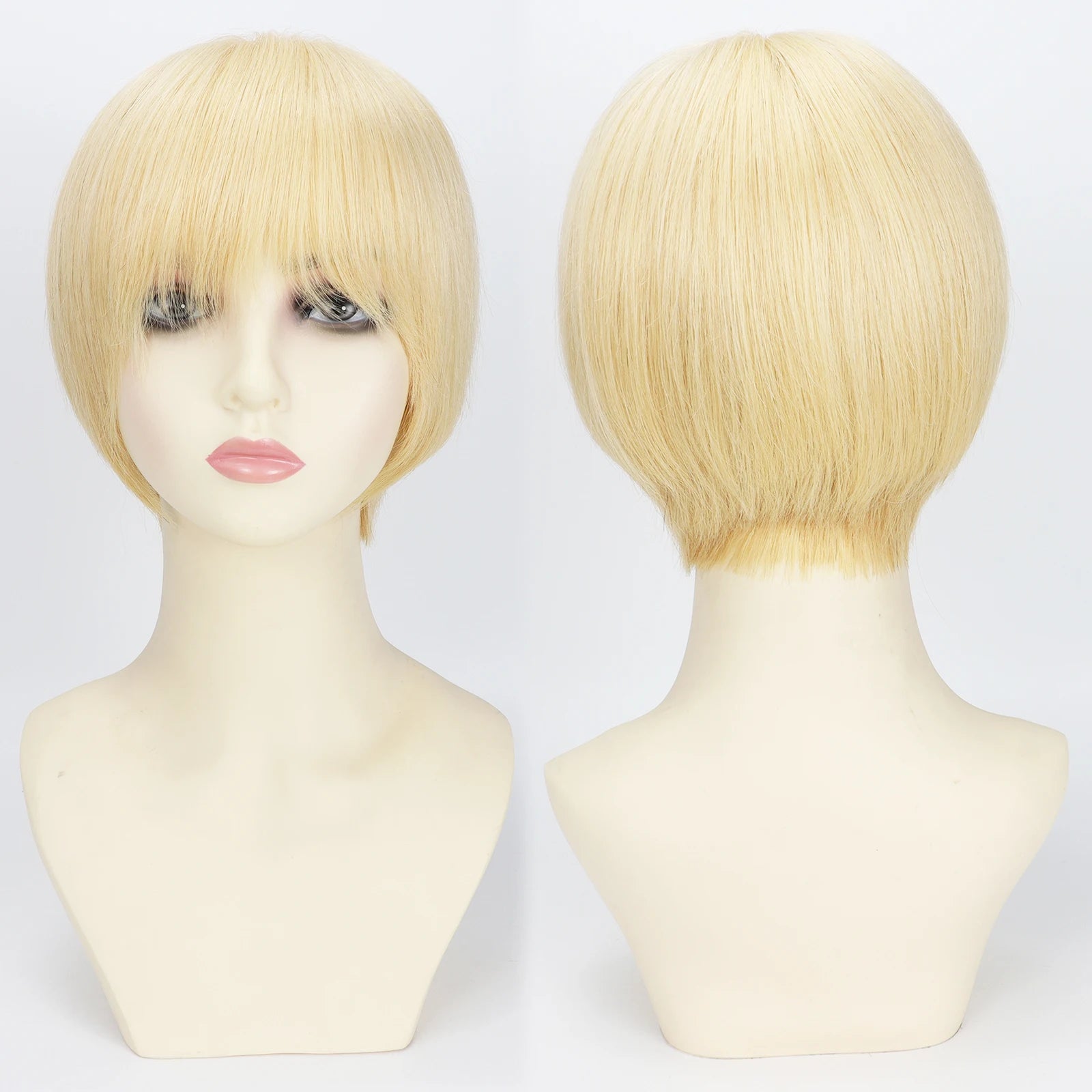 #613 Light Blonde Pixie Cut Wig with PU Front Mono Base Wig for Women Silk Crown Lace Back Real Virgin European Human Hair