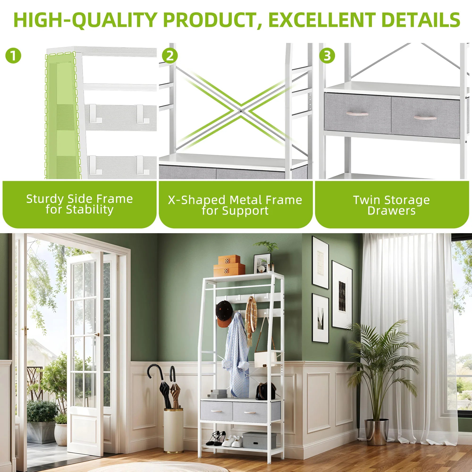 YITAHOME White Industrial Coat Rack - Hall Tree with Bench, 8 Hooks and 2 Foldable Drawers for Entryway Living Room