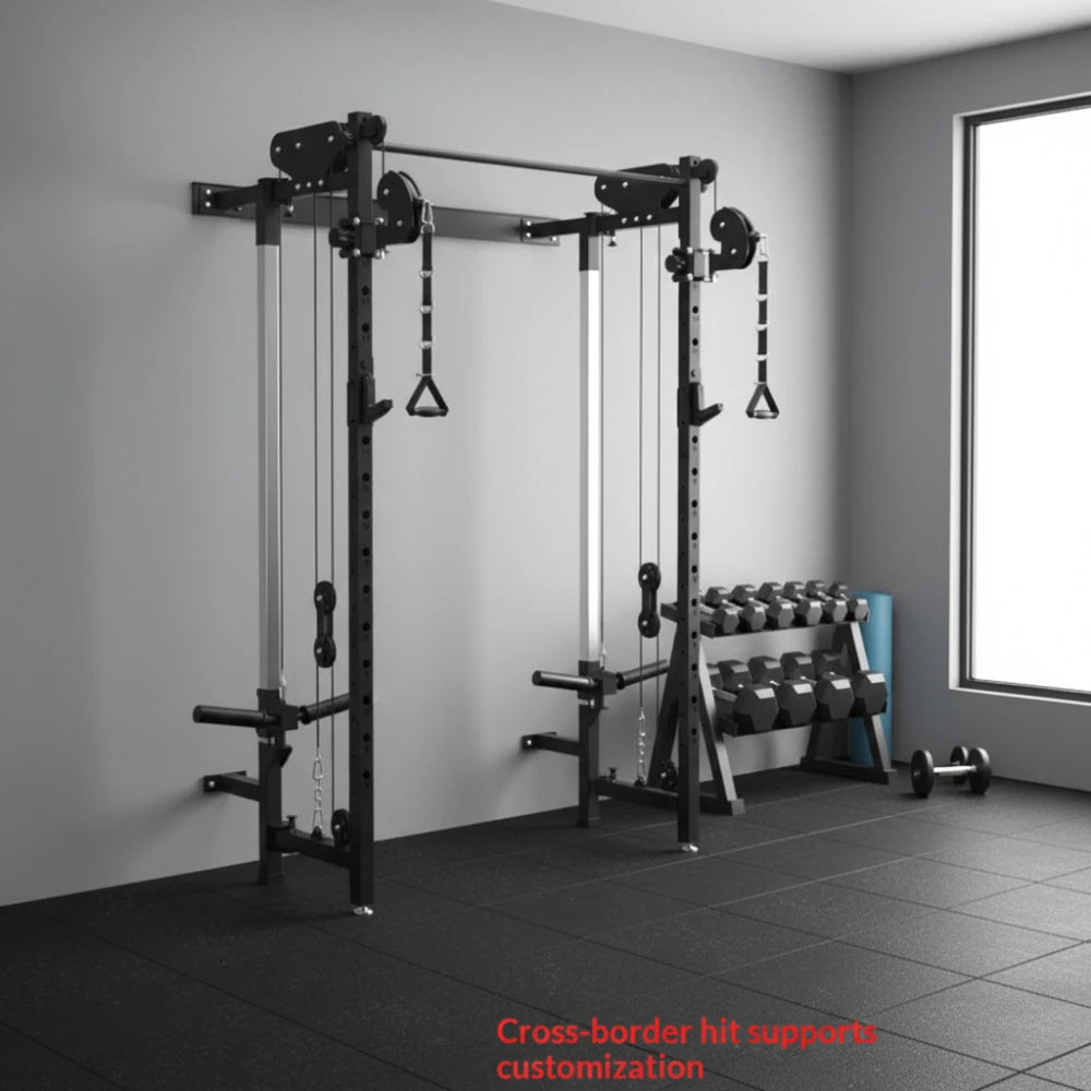 Foldable Squat Rack Wall Mount Multi-Function Trainer Bench Press LAT Pulldown Home Gym Strength Workout Fitness Equipment
