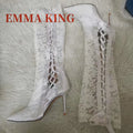 Fashion Black Lace Over The Knee Boots Lace Up Gothic Thigh High Boots High Heels Long Bridal Boots Pointed White Wedding Boots