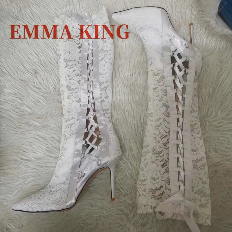 Fashion Black Lace Over The Knee Boots Lace Up Gothic Thigh High Boots High Heels Long Bridal Boots Pointed White Wedding Boots