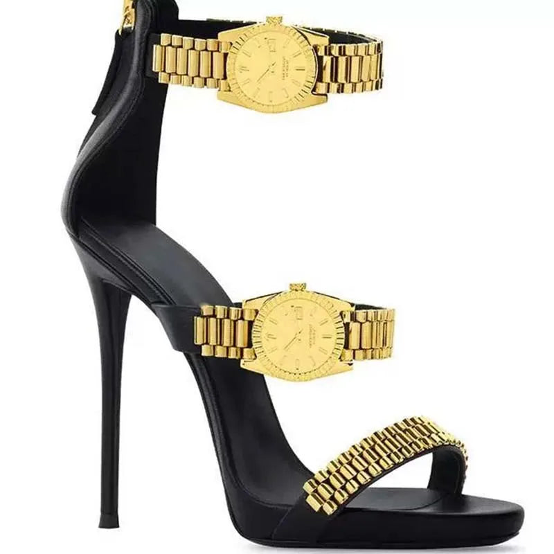 Womens Golden Watch Embellished Strap Sandals Sexy 12cm Stilettos High Heel Sandals Open Toe Ladies High Heels Party Shoes