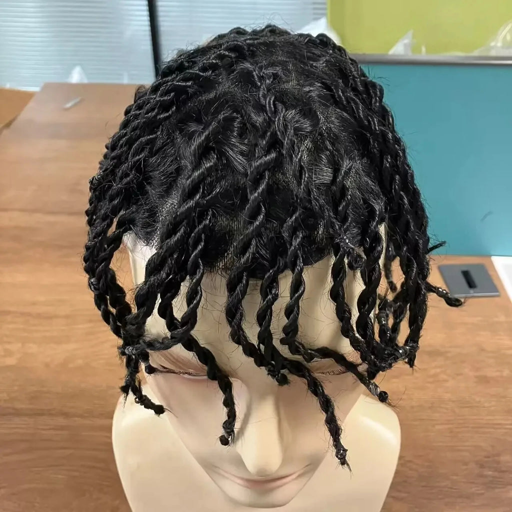 Black Men dreadlocks Human hair Microskin Full PU Based Wig Twist Braided Men's Toupe Hair extension male capillary prosthesis