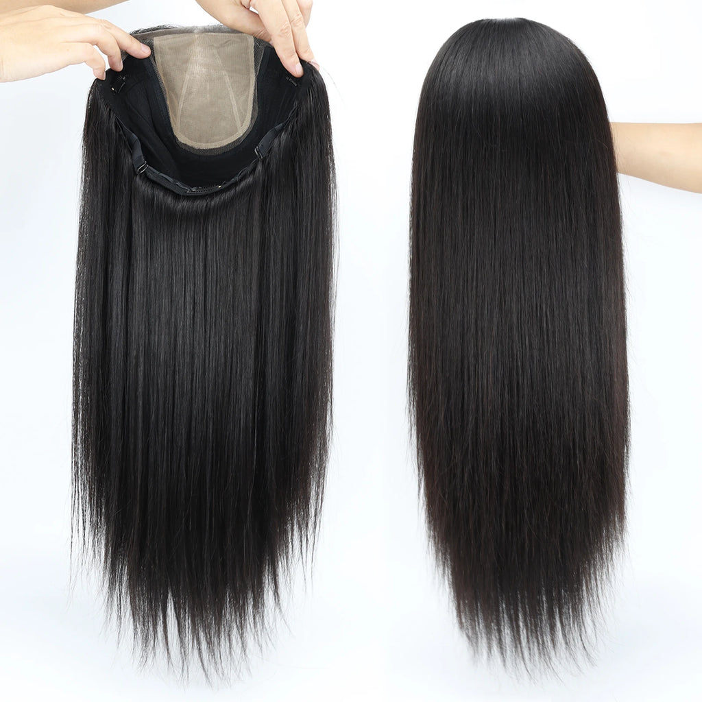 24" Real Virgin Human Hair Silk Top Wig Silk Base Wig with PU Around Natural Black for Women Natural Scalp Wig Soft Comfortable