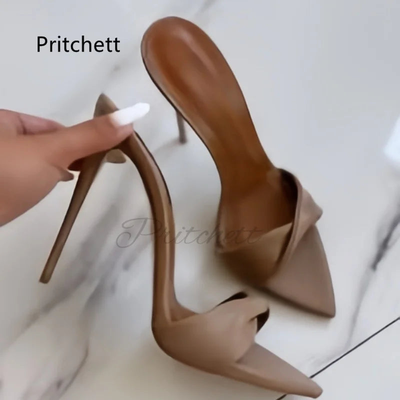 Twist Strap Stiletto Women's Slippers Sexy High Heels Open Pointed Toe Summer Leather Mules Ladies Stylish Outside Party Shoes