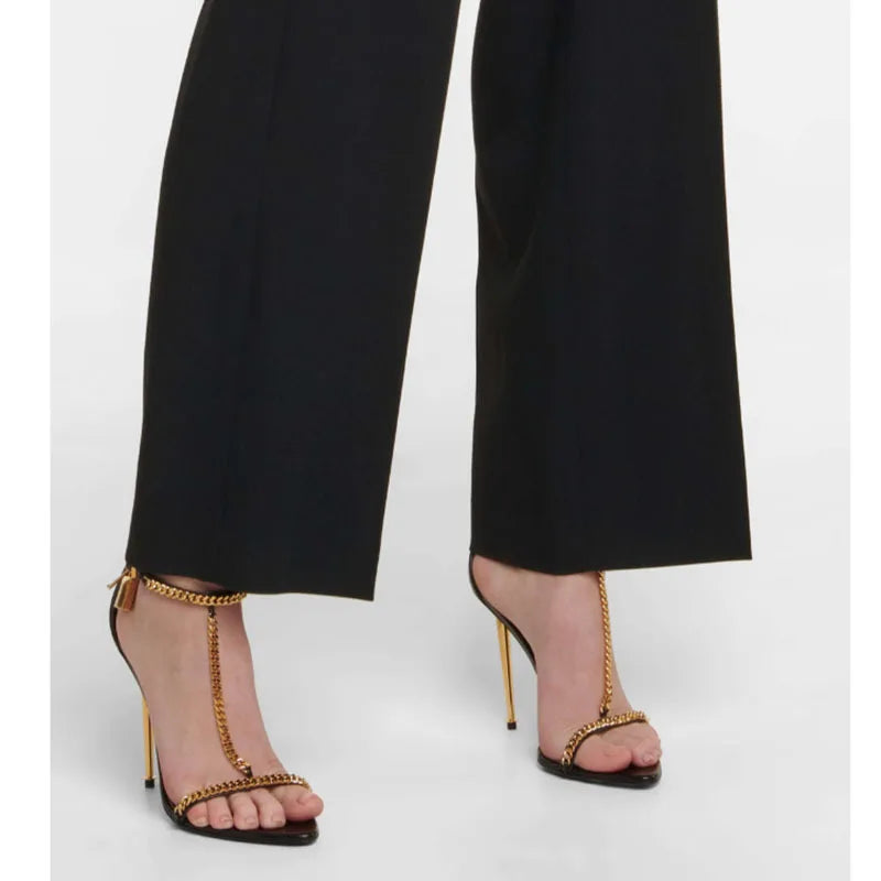 Fashion Minimalist Gold Chain Padlock High-heel Sandals European American Sexy Slim Heel Open Toe Metal Chain Pointed High Heels