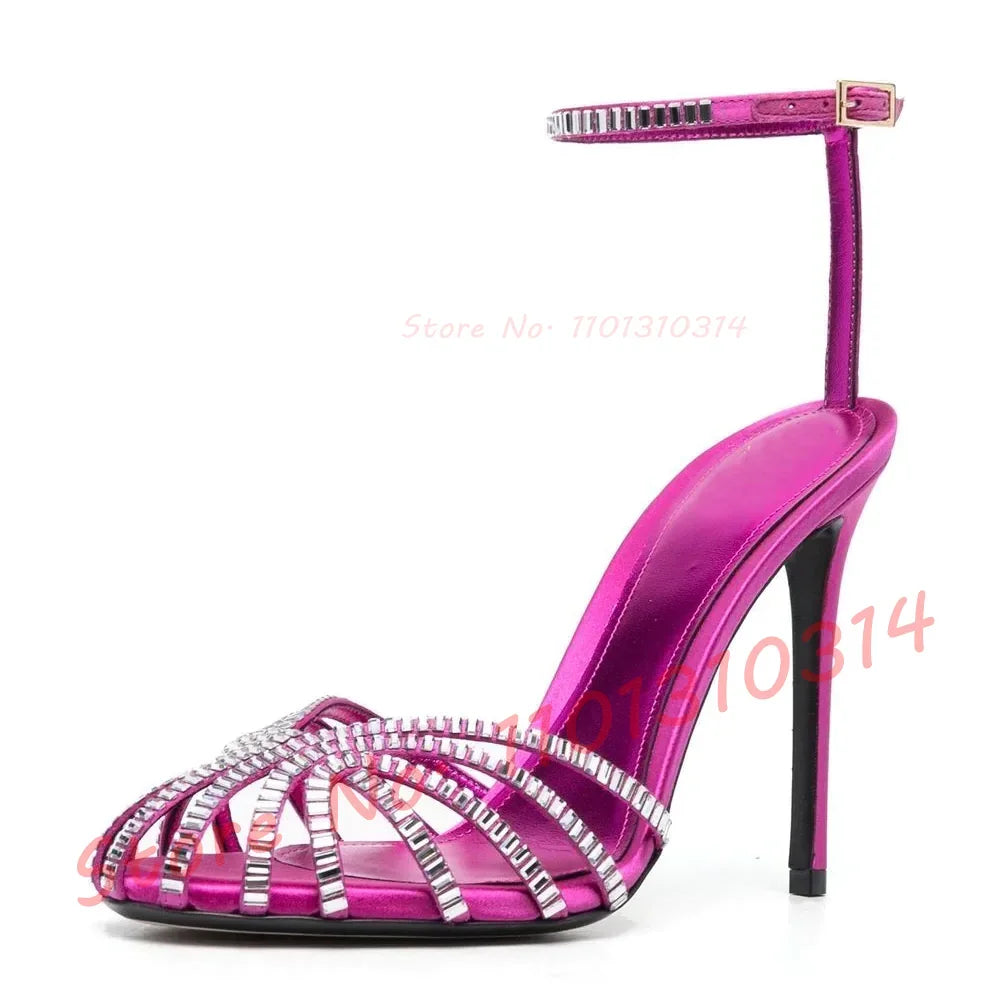 Chocolate Crystal Cross Sandals Women Cross Strap Summer Vacation Shoes Stiletto Heels Sexy Banquet Casual High Heels Sandals